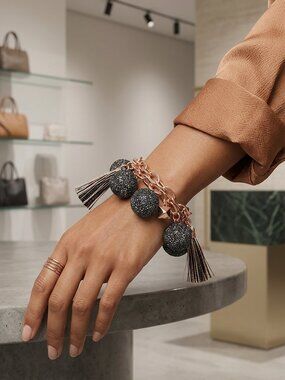 Rebecca Minkoff Rose Gold Glitter Pom Pom & Tassel Double Strand Chain Bracelet